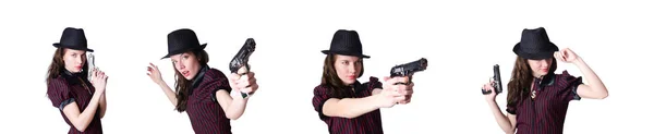 Woman gangster with handgun on white — Stock Photo, Image