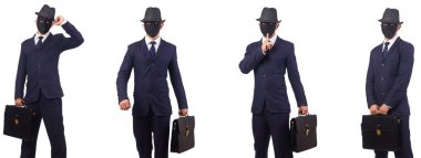 Adam maske ve evrak çantası üzerinde beyaz izole