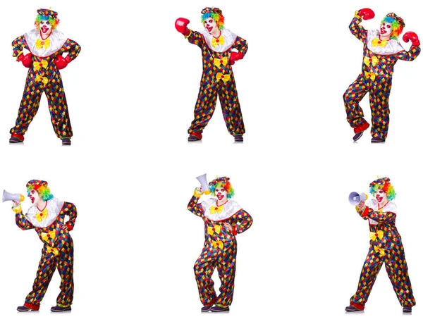 Смешной клоун с боксерскими перчатками и громкоговорителем — стоковое фото