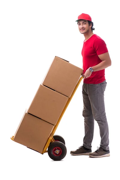 Joven mensajero masculino con caja — Foto de Stock