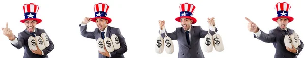Hombre con sombrero americano con bolsas de dinero — Foto de Stock