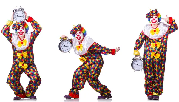 Grappige Mannelijke Clown Met Wekker — Stockfoto