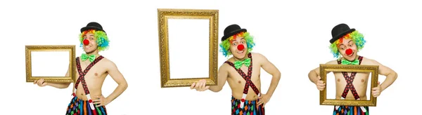 Clown met fotolijst geïsoleerd op wit — Stockfoto