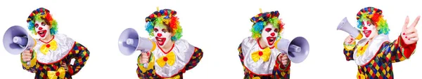 Zabawny clown mężczyzna z megafon — Zdjęcie stockowe