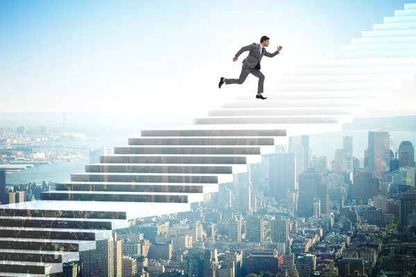 Businessman climbing career ladder over city — Stock Photo, Image