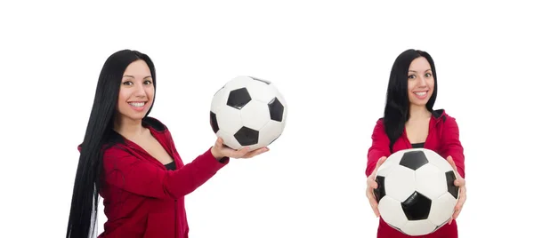 Vrouw met voetbal geïsoleerd op wit — Stockfoto