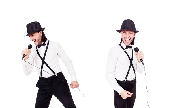 Смішний чоловік співає ізольовано на білому — стокове фото