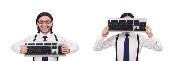 Young funny businessman with keyboard isolated on white — Stock Photo, Image