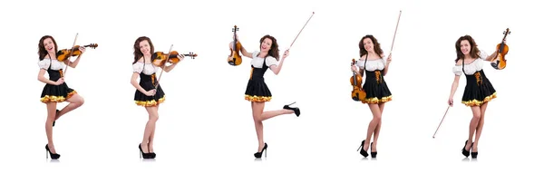 Mladá žena hrající housle na bílém pozadí — Stock fotografie
