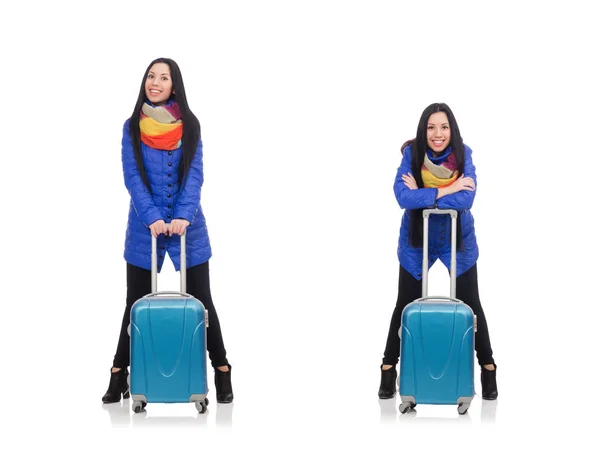 Hübsches Mädchen mit Koffer isoliert auf weiß — Stockfoto