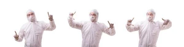 Человек в защитном костюме изолирован на белом фоне — стоковое фото