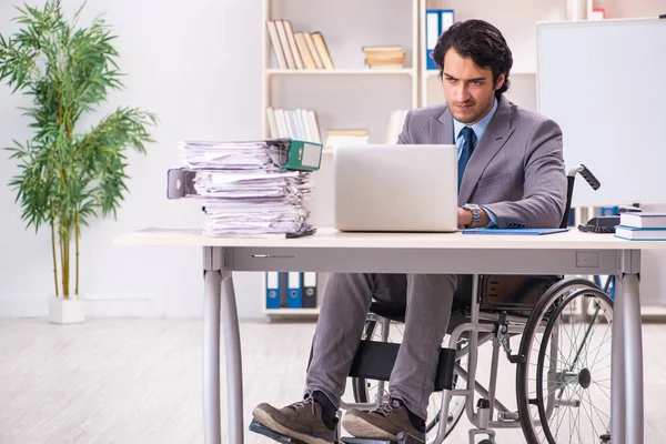 Jonge knappe werknemer in rolstoel op kantoor — Stockfoto