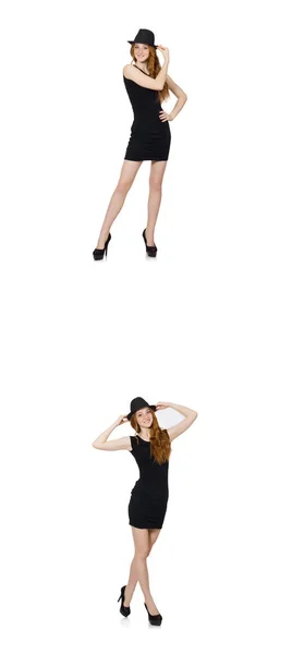 Jonge dame in zwarte jurk met zwarte hoed — Stockfoto