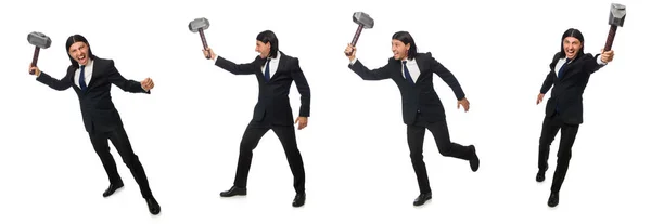 Handsome businessman holding hammer isolated on white — Stock Photo, Image