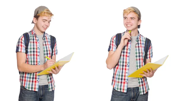 Student mit Rucksack und Notizen isoliert auf weiß — Stockfoto