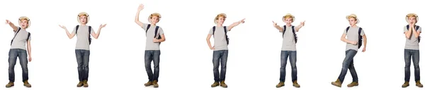 Young boy in cork helmet with backpack — Stock Photo, Image