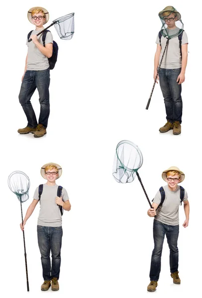 Young boy in cork helmet with net — Stock Photo, Image