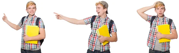 Estudante com mochila e notas isoladas em branco — Fotografia de Stock