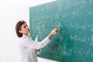 Kara tahta önünde kadın matematik öğretmeni 