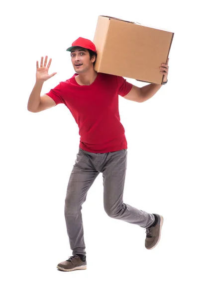 Unga manliga courier med box — Stockfoto