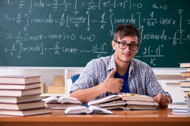 Genç erkek öğrenci okulda matematik
