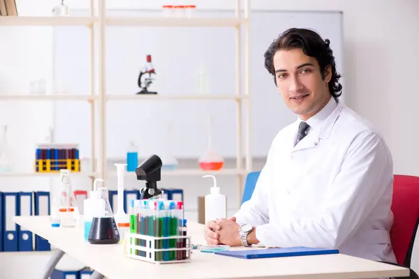 Giovane bel chimico che lavora in laboratorio — Foto Stock