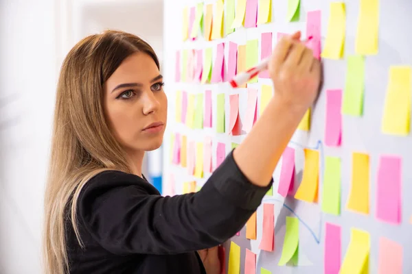 Junge schöne Geschäftsfrau in widersprüchlichem Prioritätenkonzept — Stockfoto