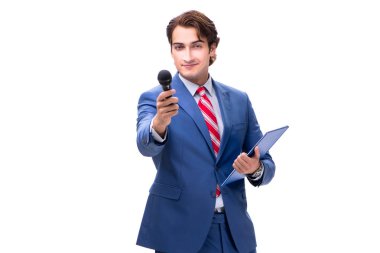 Zarif adam beyaz izole mikrofon ile 