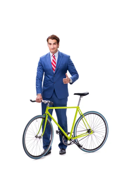 Empresário com bicicleta isolada em fundo branco — Fotografia de Stock
