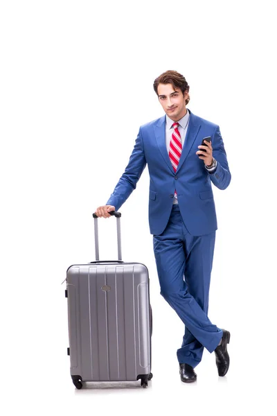 Jovem empresário bonito com mala isolada em branco — Fotografia de Stock