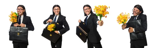 Stilig affärsman med blomma och kort fall isolerat på whit — Stockfoto