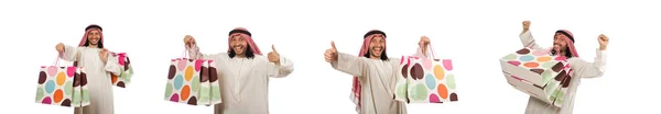 Uomo arabo con shopping bags su bianco — Foto Stock