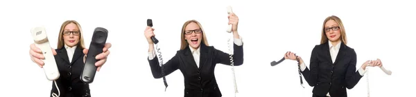 Bonito funcionário de escritório segurando telefone isolado no branco — Fotografia de Stock