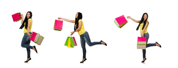 Woman with shopping bags isolated on white — Stock Photo, Image