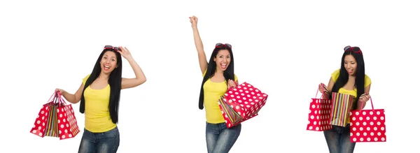 Mujer con bolsas aisladas en blanco — Foto de Stock