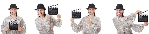 Young man with clapper-board isolated on white — Stock Photo, Image