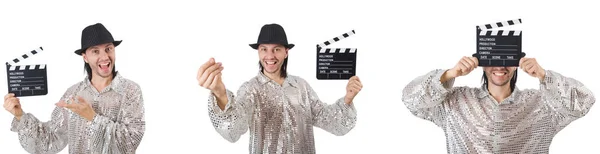 Jeune homme avec clap-board isolé sur blanc — Photo