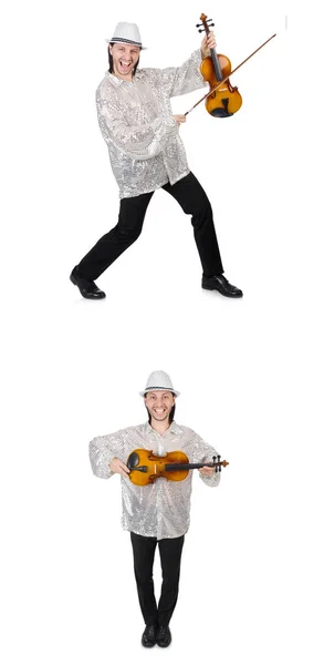 Junger Mann spielt Geige isoliert auf weißem Grund — Stockfoto
