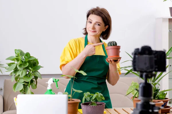Женщина-блоггер объясняет рост комнатных растений — стоковое фото