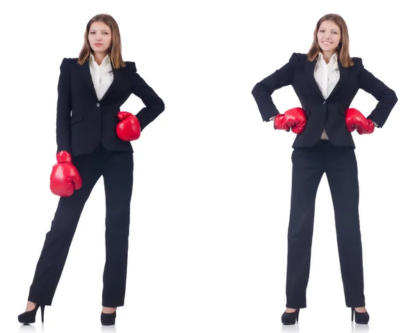 Businesswoman with boxing gloves isolated on white — Stock Photo, Image