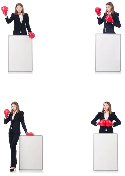 Woman boxer with blank board on white — Stock Photo, Image