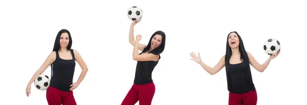 Vrouw met voetbal geïsoleerd op wit — Stockfoto