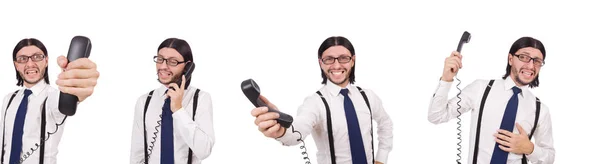 Uomo d'affari arrabbiato con telefono isolato su bianco — Foto Stock