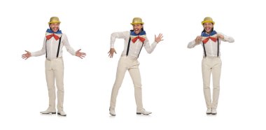 Beyazda izole edilmiş komik bir adam.