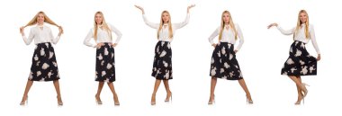 Siyah etekli, beyaz çiçekli güzel bir kız.