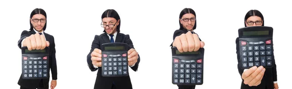 Muž s kalkulačkou izolovanou na bílém — Stock fotografie