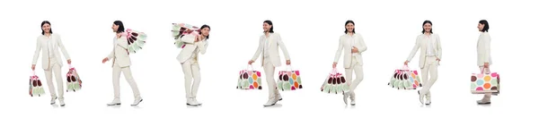 Hombre con bolsas aisladas en blanco — Foto de Stock