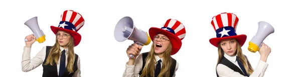 Mujer usando sombrero con símbolos americanos — Foto de Stock