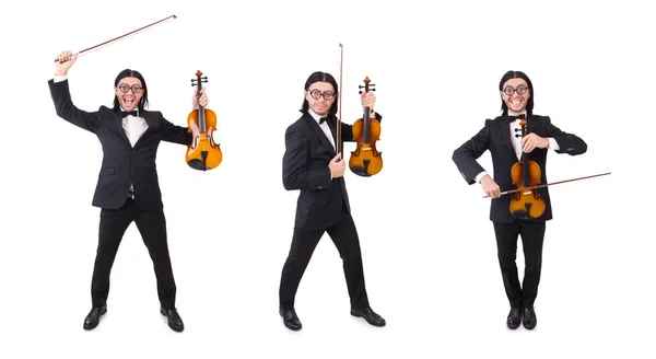 Homem engraçado com instrumento de música em branco — Fotografia de Stock