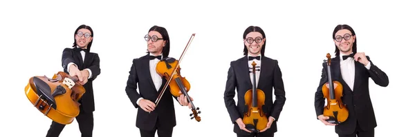 Hombre divertido con instrumento de música en blanco — Foto de Stock